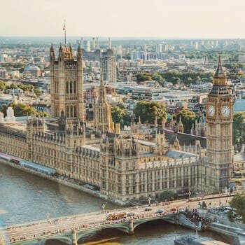 Stunning aerial view of London's iconic Big Ben and the river Thames under daylight.